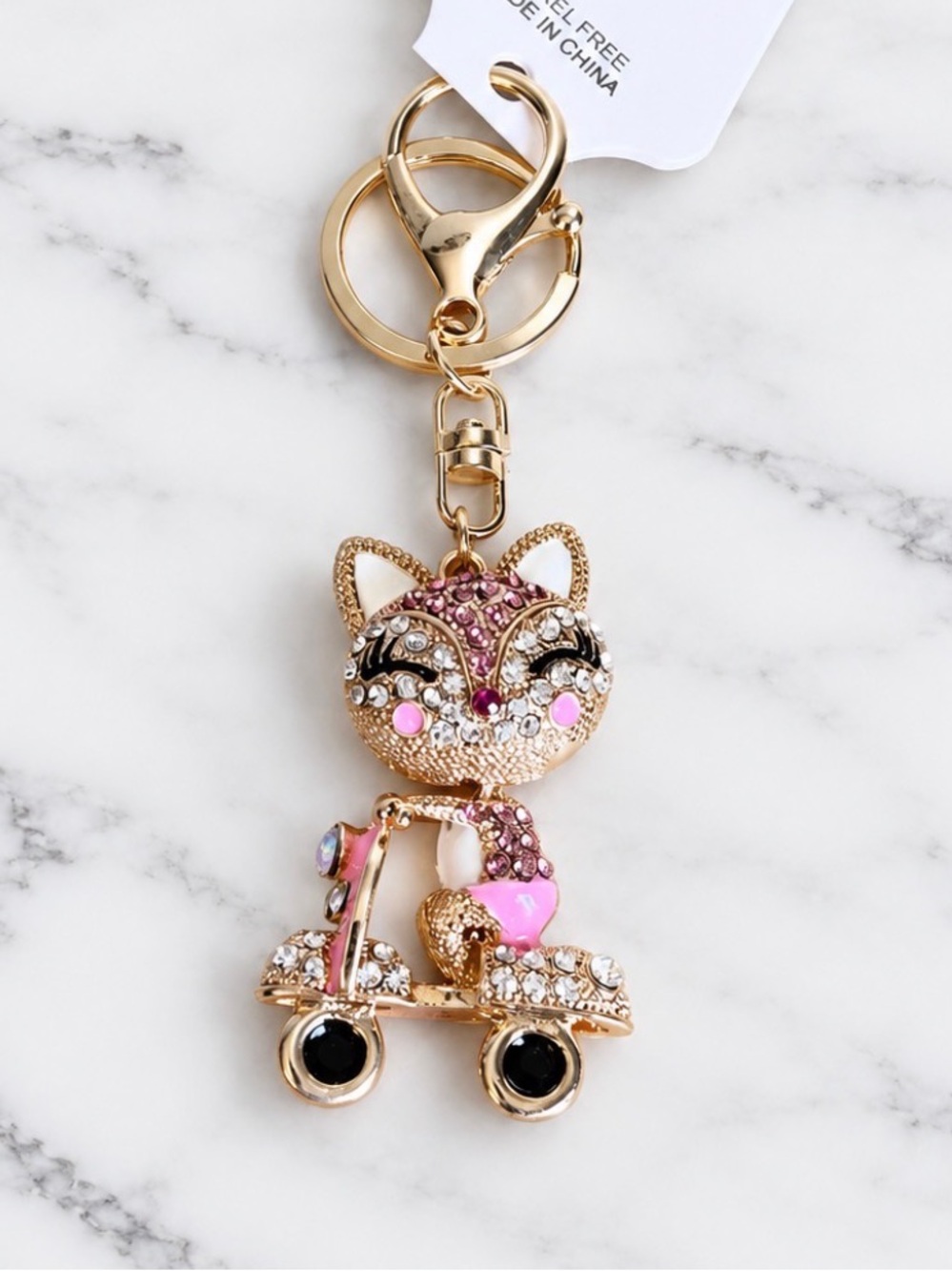 Bag Charm-Rhinestone Cat Riding Scooter-Bobble Head-Gold Hardware